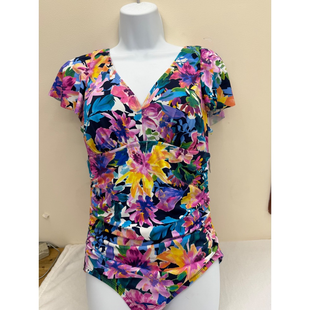 Swim Solutions Flutter Sleeve One Piece Swimsuit Size 14 Navy Floral - Picture 3 of 10